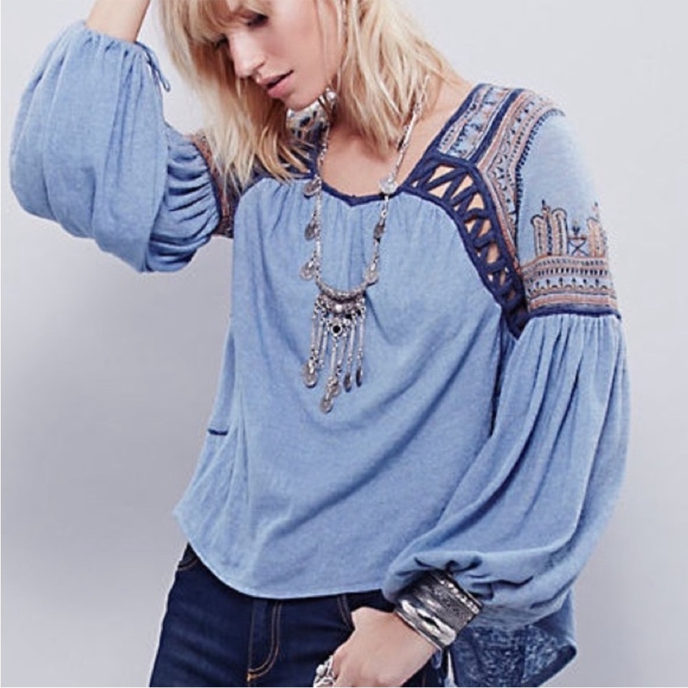 Free People Snow Kisses Embroidered‎ Top Blue Small